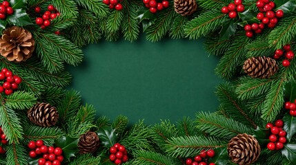 Fototapeta premium Top view of seasonal evergreen boughs and berries arranged as a frame, perfect for holiday design backgrounds.
