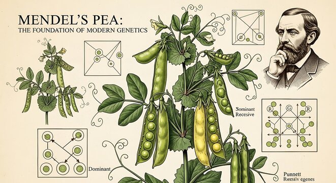Historical Illustration of Mendels Pea Plant Genetics Study.