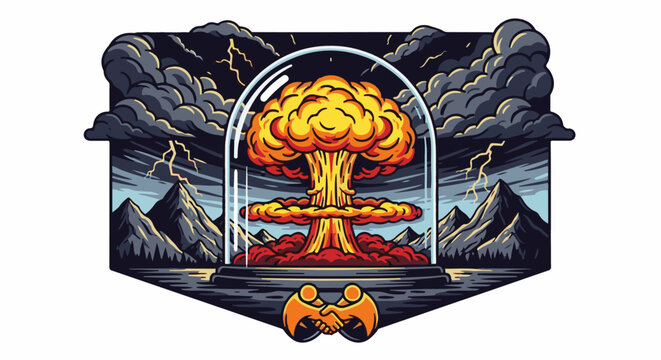 A nuclear explosion is contained under a glass dome, with mountains and lightning in the background