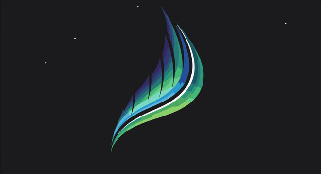 Stylized abstract flowing feather-like shape in vibrant green, blue, and purple hues against black