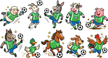 Fototapeta premium A fun cartoon animals soccer team of team character players kicking the animal soccer ball in a vibrant illustration