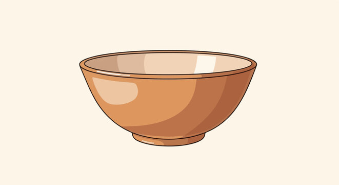 A simple, stylized cartoon illustration of a plain, brown bowl with a lighter interior, set against a solid, light background