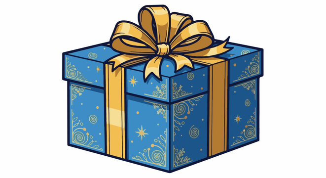 A blue gift box adorned with gold swirls and stars, topped with a golden bow