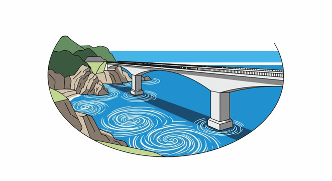 A scenic bridge crosses swirling blue waters with green hills and rocky shores