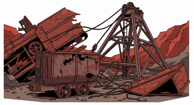 An old, rusty mining operation with a large tower and broken carts