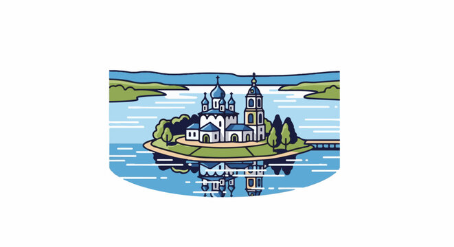 A charming illustration of a historical building on an island reflected in the calm water
