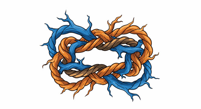 Intertwined branches in blue and orange form an abstract, knot-like pattern