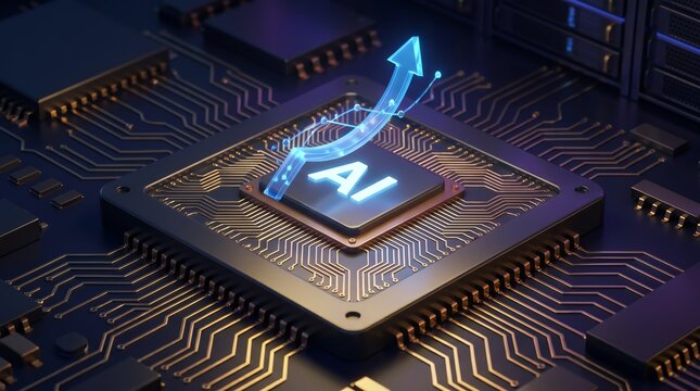 Futuristic microchip processor symbolizing the exponential growth of artificial intelligence with digital blue data charts
