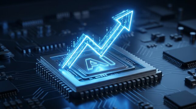 Glowing neon growth arrow rising from microchip cpu representing the exponential growth of artificial intelligence