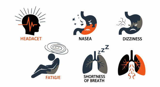 Icons depict symptoms headache, nausea, dizziness, fatigue, shortness of breath, and lung issues