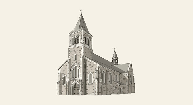 A stone building with a tall steeple and pointed arch windows