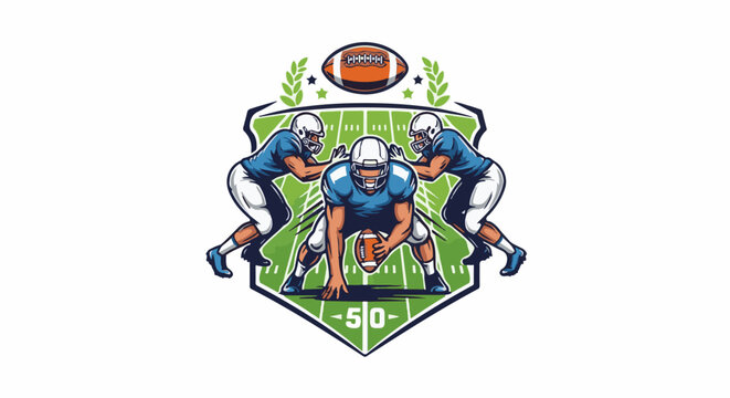 Football players in action on a field, presented within a crest