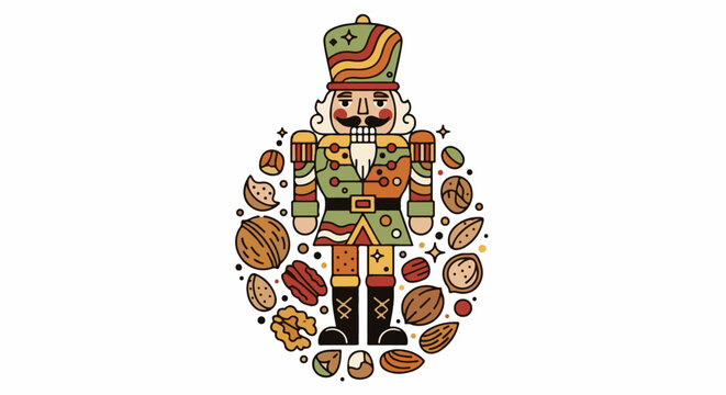 Stylized nutcracker soldier illustration surrounded by various types of nuts in a circular arrangement