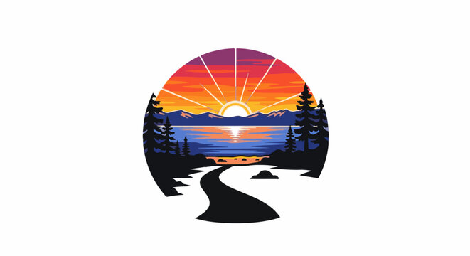 A vibrant, stylized landscape depicting a sunset over a tranquil lake surrounded by trees and mountains
