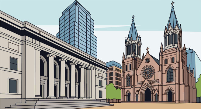 A city scene featuring a classical building, a modern skyscraper, and a gothic church