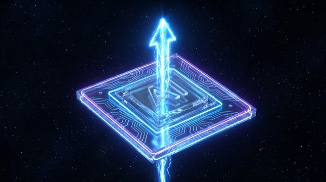 A glowing futuristic quantum processor with an upward arrow, symbolizing technological advancement and artificial intelligence