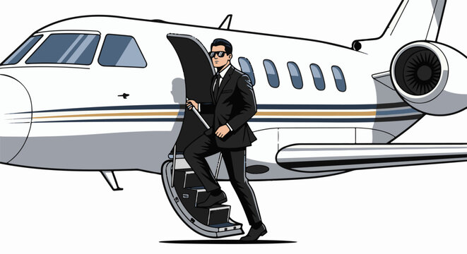Man in suit exiting private jet