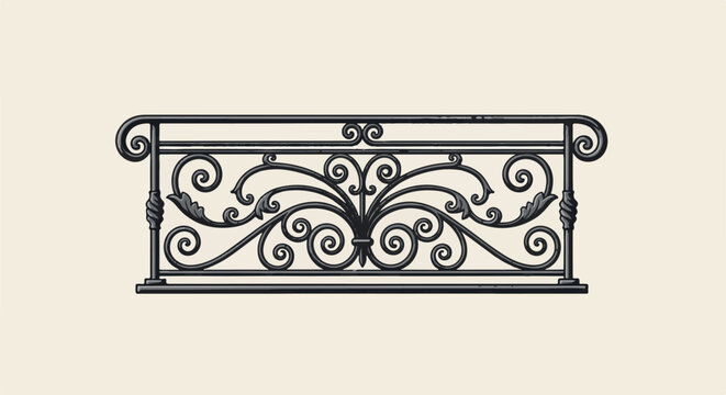 Ornate wrought iron railing with scrolling metalwork, leaf motifs, and a central flourish