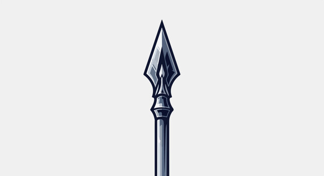 A sharp, stylized silver spearhead with a textured shaft against a plain background