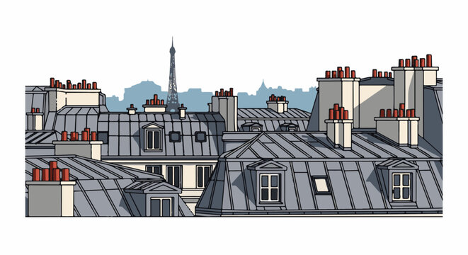 Stylized illustration of Parisian rooftops with chimneys and a distant iconic tower
