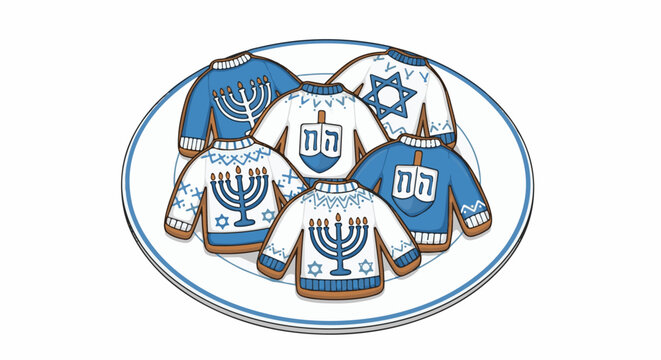 Festive cookies shaped like sweaters with holiday symbols and Hebrew letters