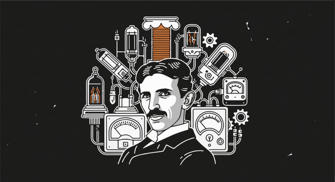 Stylized portrait of a man with mustache surrounded by electrical components