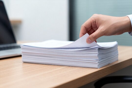 Hand holding stack of papers on desk