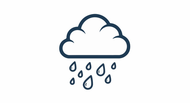 A stylized illustration of a dark blue cloud with rain droplets falling below it on a white background