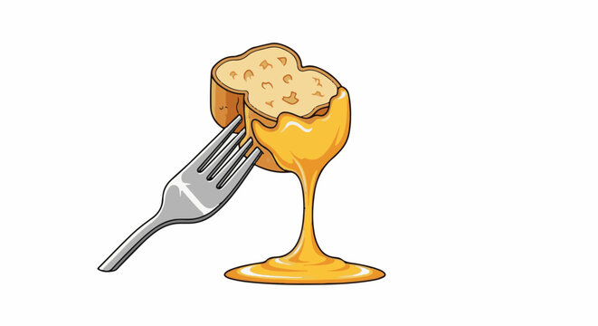 A fork pierces a piece of bread covered in thick, golden, dripping cheese