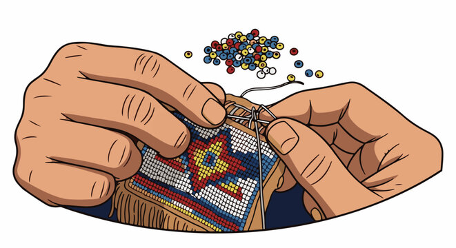 Hands meticulously bead a patterned fabric, adorned with fringe