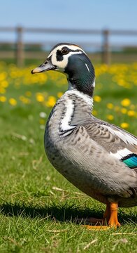 Majestic Barnacle Goose Standing in Blooming Meadow.