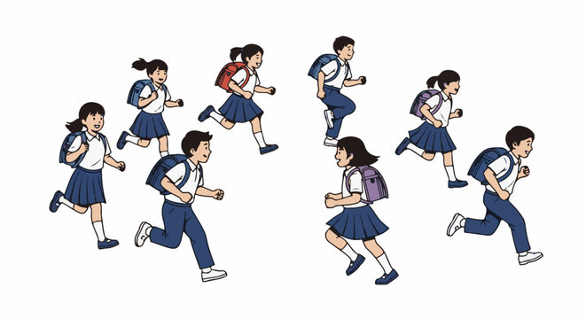 Diverse group of children in school uniforms running with backpacks, eager for the day