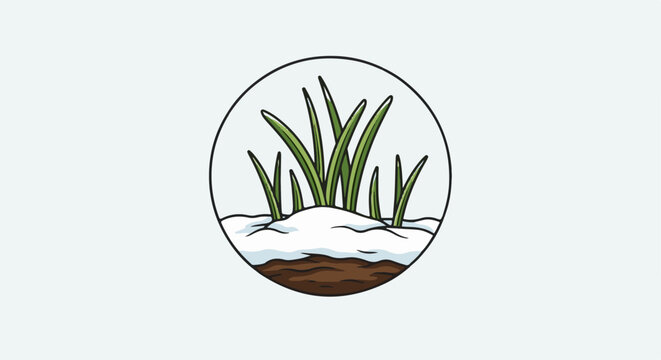 Green shoots emerge from snow-covered earth within a circle