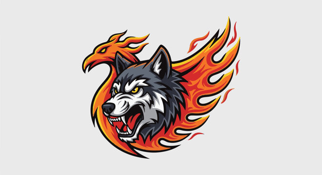 Fierce wolf head with fiery phoenix wings and flames, digital art