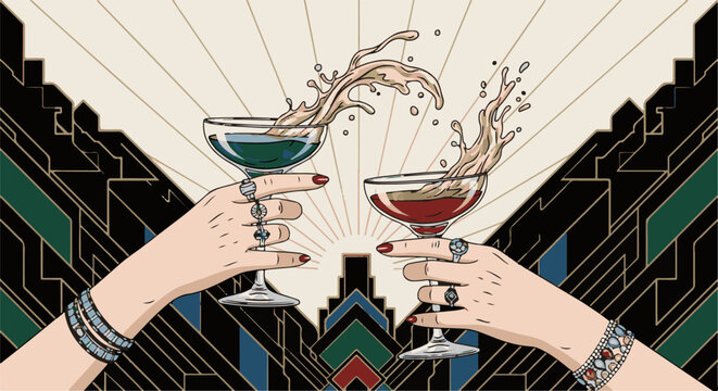 Two elegantly ringed hands clink champagne glasses, splashing their contents