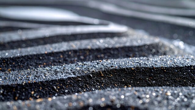 Sharp parallel lines in black zen gravel, close-up of glittering dark karesansui texture

 黒い禅砂利に刻まれた鋭い平行線、きらめくダークな枯山水テクスチャのクローズアップ