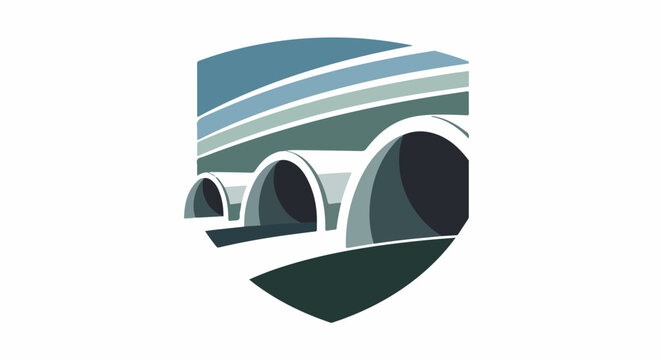 Abstract geometric bridge-like structure with arched openings and layered sky