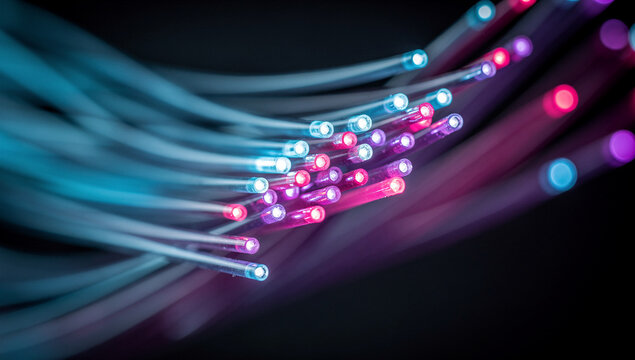 Close-up of Illuminated Fiber Optic Strands for Fast Broadband Connection