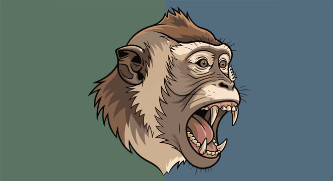 Angry monkey head with open mouth and sharp teeth