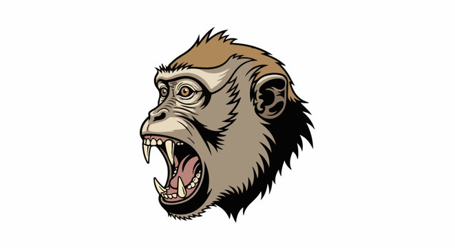 A ferocious primate with sharp teeth and an open mouth, depicted in a stylized, graphic art style