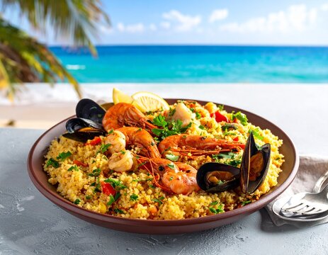 Tunisian seafood couscous coastal theme composition