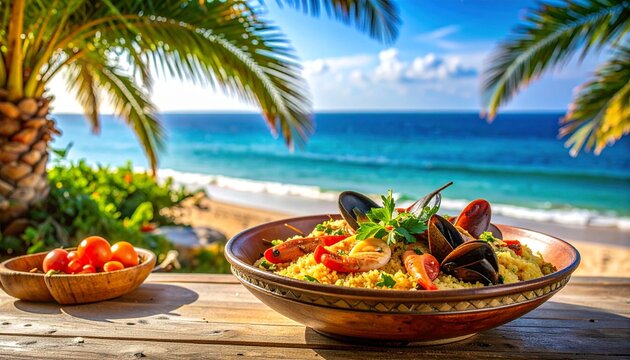 Tunisian seafood couscous coastal theme composition