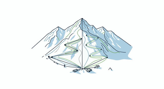 Stylized mountain illustration with ski slopes and base station