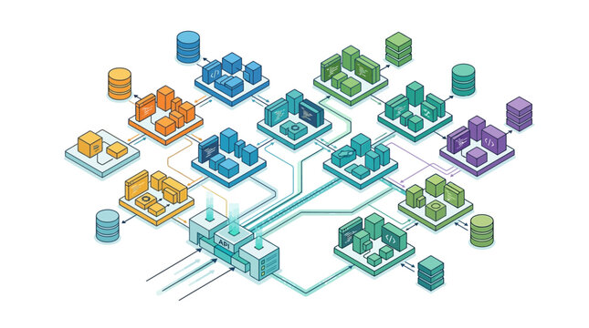 Isometric vector illustration of a microservices architecture including API gateway, database nodes, data flow connections, and modular server clusters for cloud computing systems.