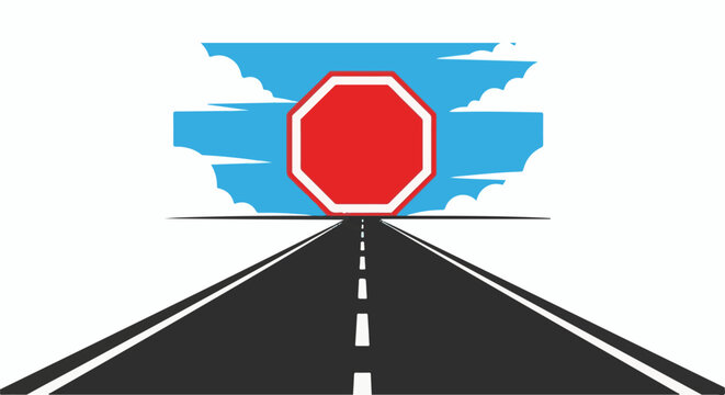 A red stop sign looms over a vanishing point on a road under a blue sky