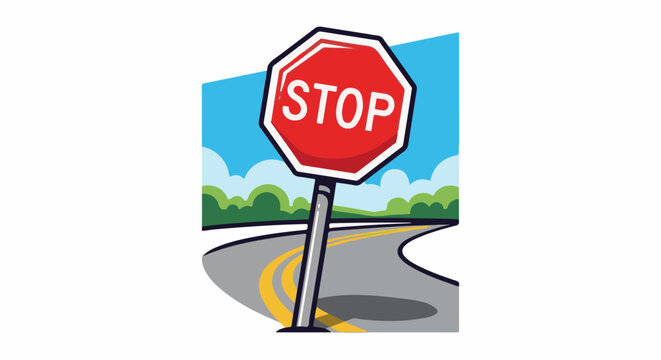 A cartoon-style stop sign stands prominently beside a curving road with yellow lane markers