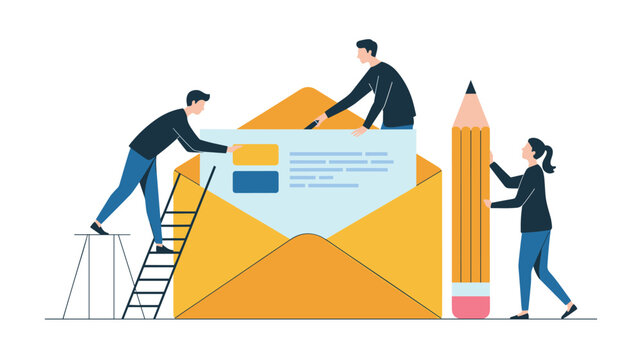 Creative team of people collaborating to prepare large envelope and document for mailing with giant pencil.