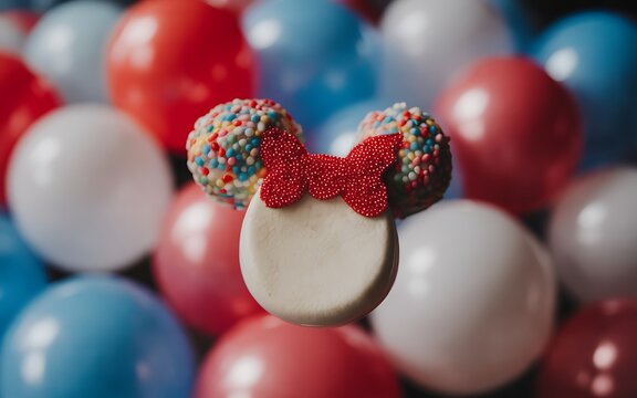 A white chocolate cookie with red bow and colorful sprinkles on top, surrounded by red, white, and blue balloons
