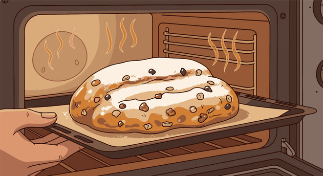 A hand places a sweet, lumpy loaf covered in powdered sugar and raisins into a hot oven