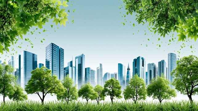 Green Cityscape View with Lush Trees and Modern Buildings